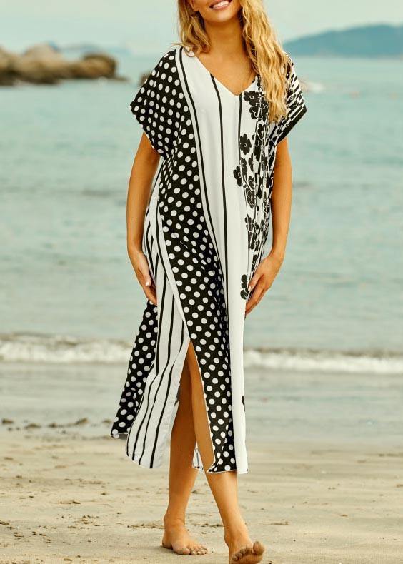 Style White Dot Floral V Neck Cotton Loose Beach Gown Mid Dress - Image 2