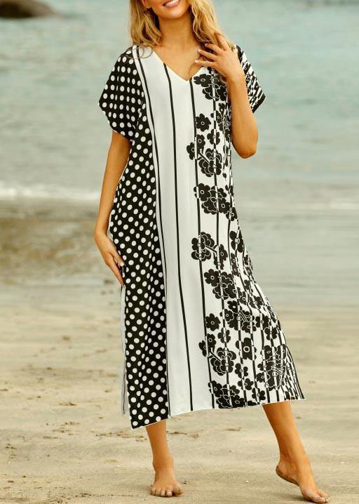 Style White Dot Floral V Neck Cotton Loose Beach Gown Mid Dress - Image 3