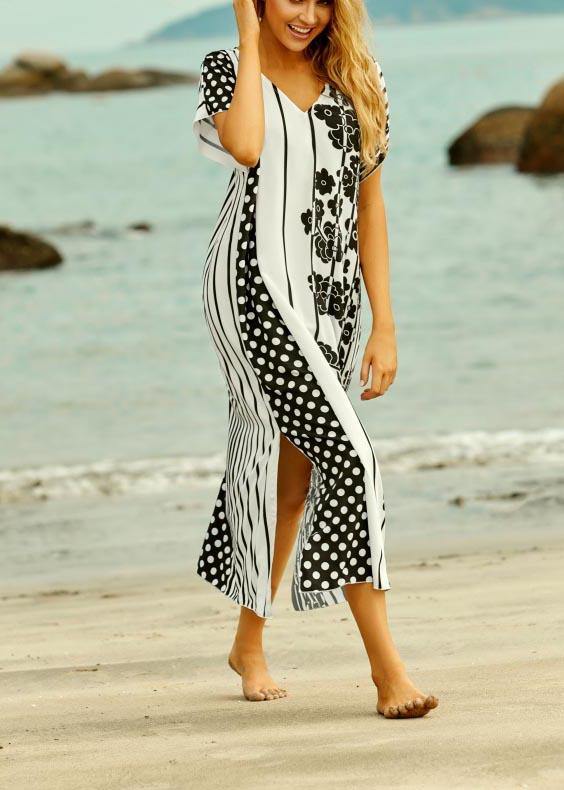 Style White Dot Floral V Neck Cotton Loose Beach Gown Mid Dress - Image 4