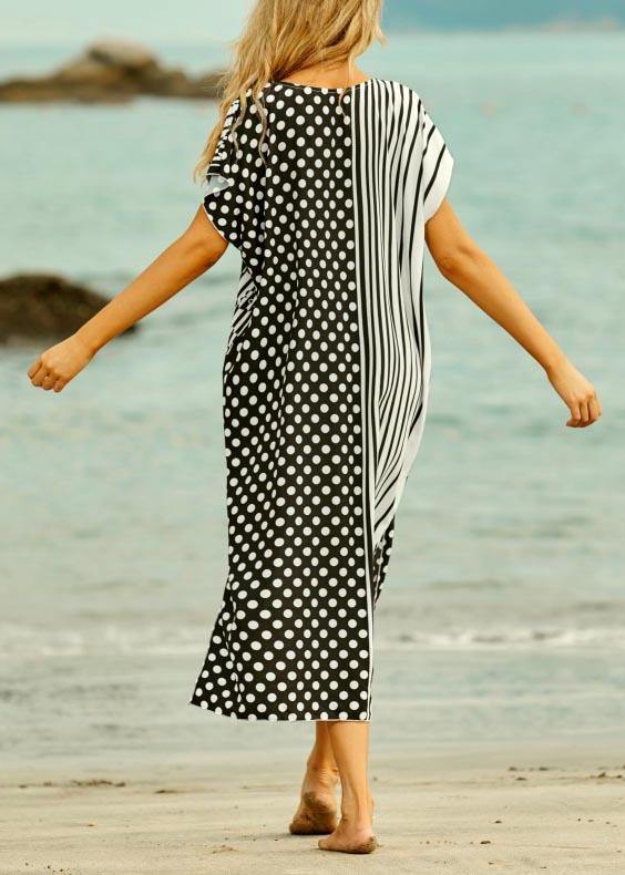 Style White Dot Floral V Neck Cotton Loose Beach Gown Mid Dress - Image 5