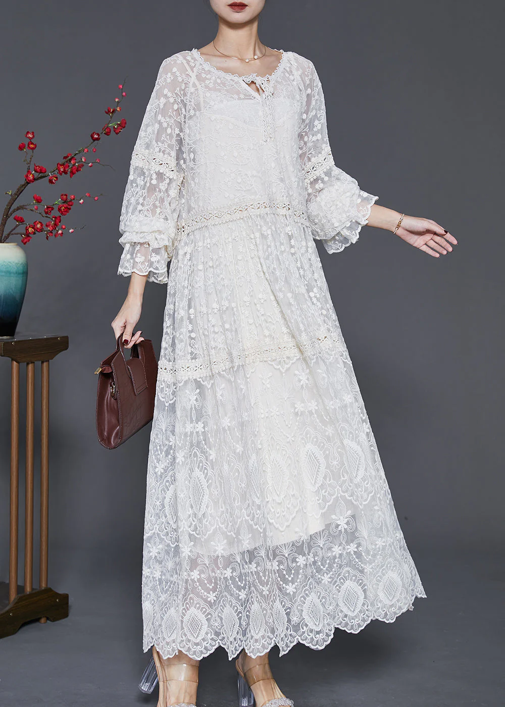 Style White Embroidered Lace Holiday Dress Two Pieces Set Spring - Image 3