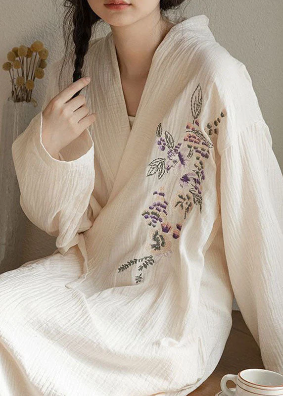 Style White Embroideried Lace Up Patchwork Cotton Dress Long Sleeve - Image 2