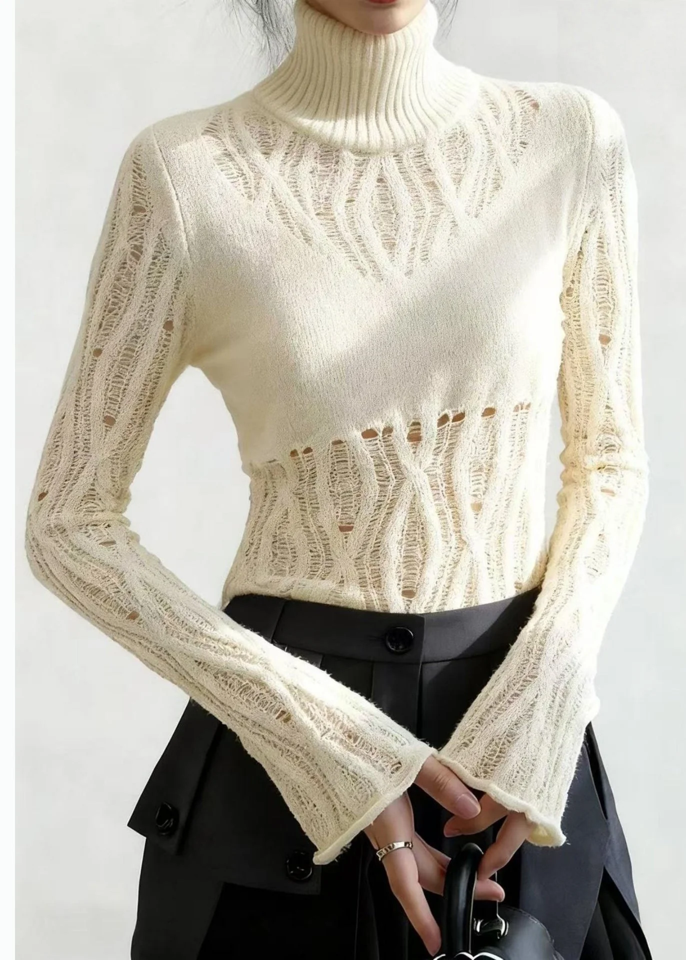 Style White High Neck Hollow Out Knitted Tops Flare Sleeve - Image 2