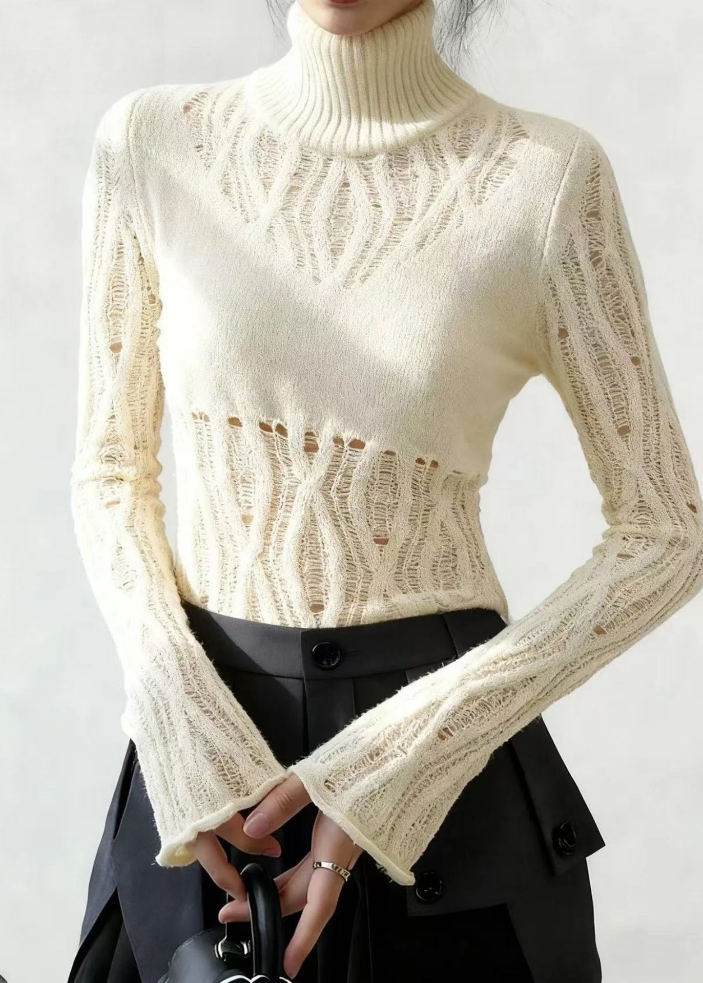 Style White High Neck Hollow Out Knitted Tops Flare Sleeve - Image 3