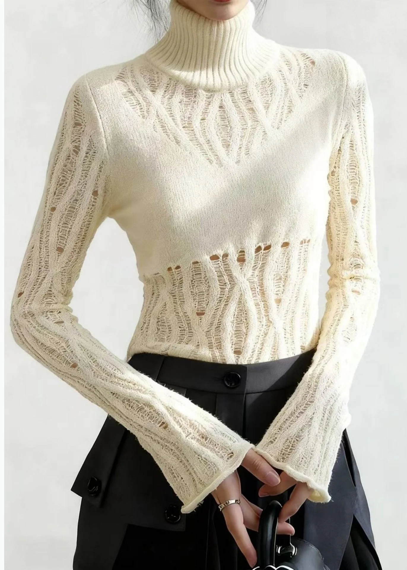 Style White High Neck Hollow Out Knitted Tops Flare Sleeve - Image 4