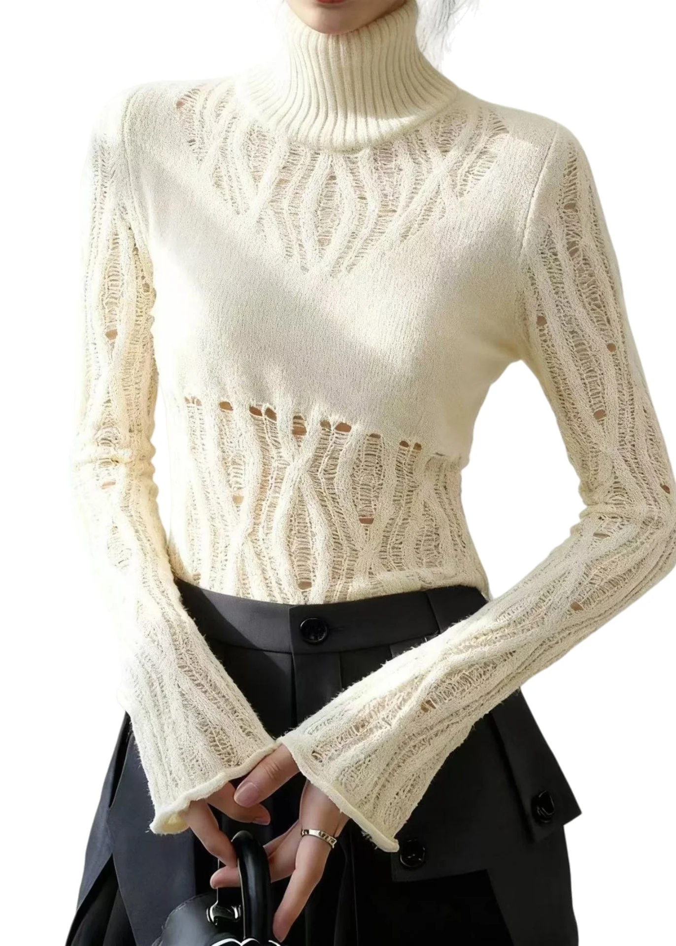 Style White High Neck Hollow Out Knitted Tops Flare Sleeve - Image 5