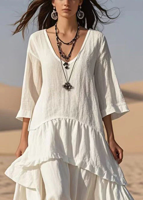 Style White Oversized Patchwork Cotton Maxi Dresses Bracelet Sleeve - Image 2