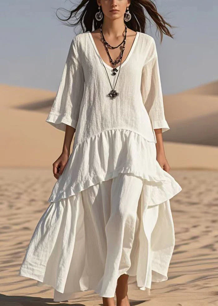 Style White Oversized Patchwork Cotton Maxi Dresses Bracelet Sleeve - Image 3
