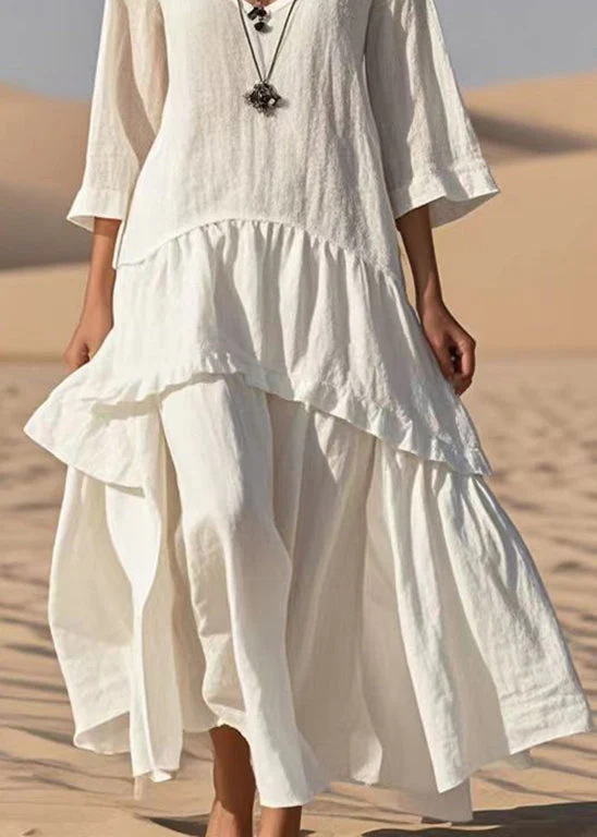 Style White Oversized Patchwork Cotton Maxi Dresses Bracelet Sleeve - Image 4