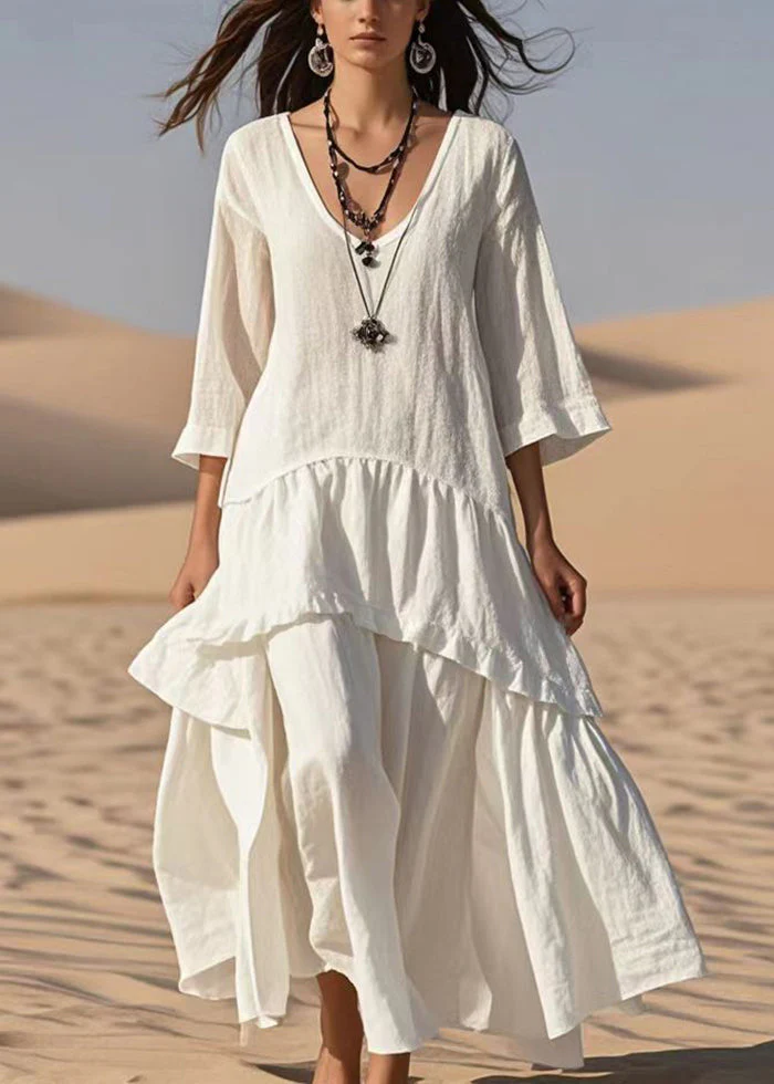 Style White Oversized Patchwork Cotton Maxi Dresses Bracelet Sleeve - Image 5