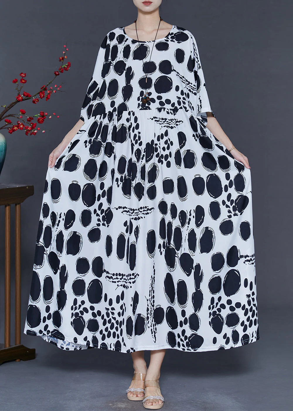 Style White Oversized Print Chiffon Holiday Dress Summer - Image 2