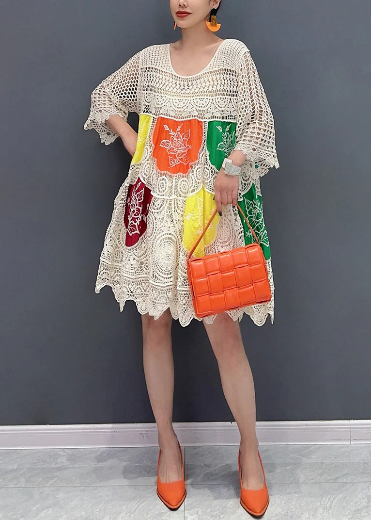 Style White Print Hollow Out Knit Mid Dress Flare Sleeve - Image 2