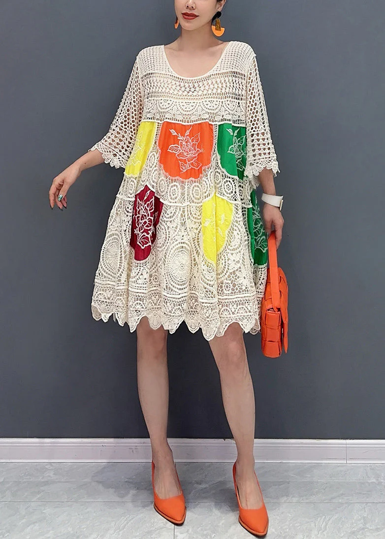 Style White Print Hollow Out Knit Mid Dress Flare Sleeve - Image 3