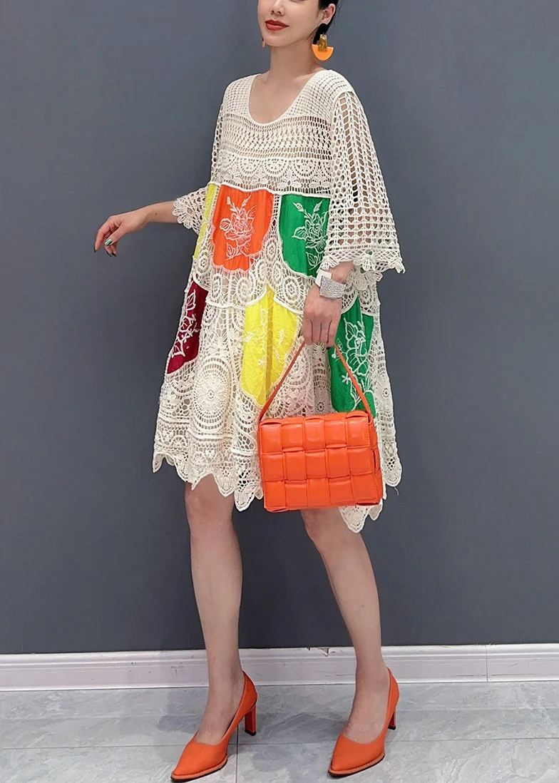 Style White Print Hollow Out Knit Mid Dress Flare Sleeve - Image 4