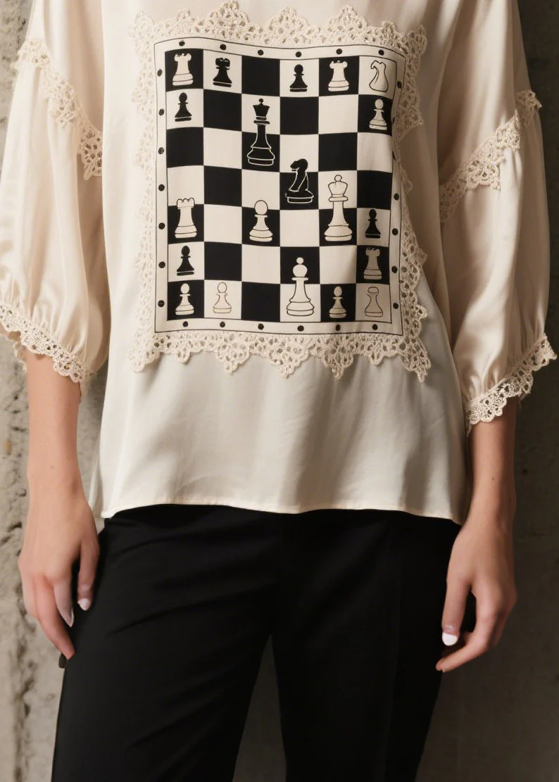 Style White Print Lace Patchwork Silk Top Bracelet Sleeve - Image 4
