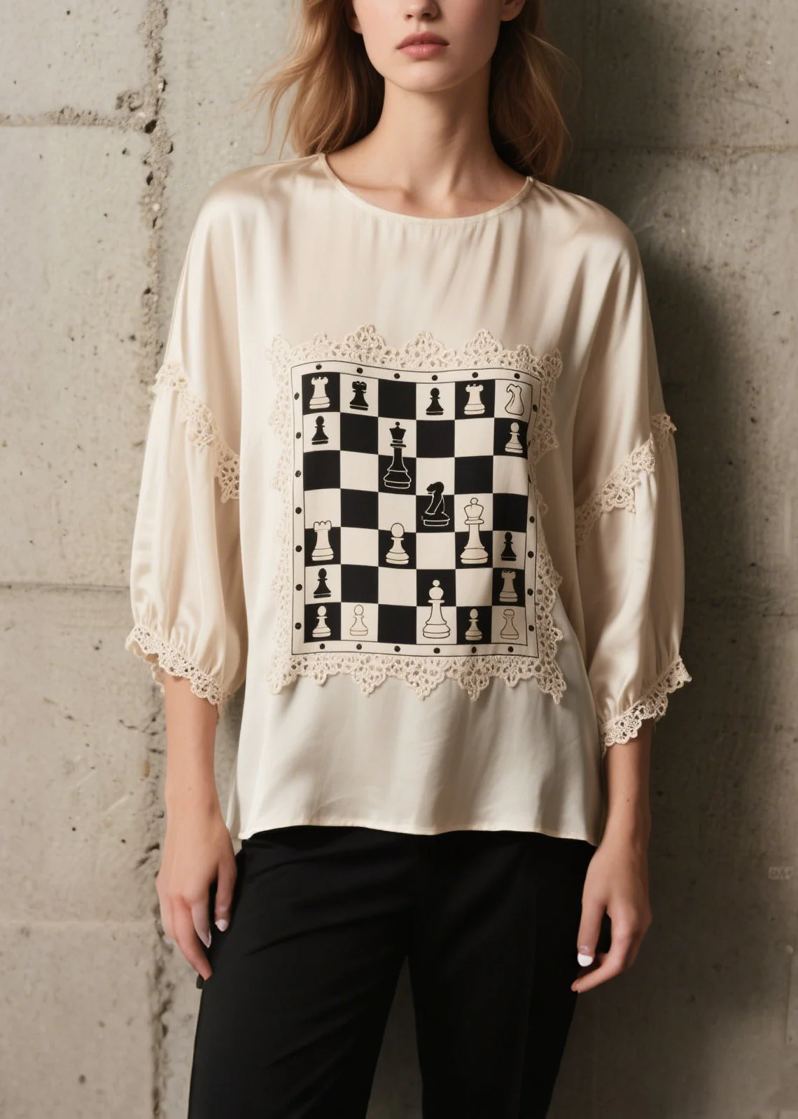 Style White Print Lace Patchwork Silk Top Bracelet Sleeve - Image 5