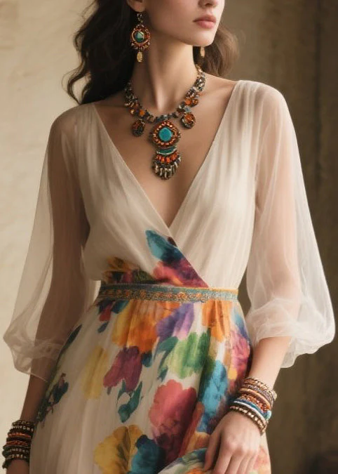 Style White Print Side Open Tulle Long Dresses Summer - Image 2