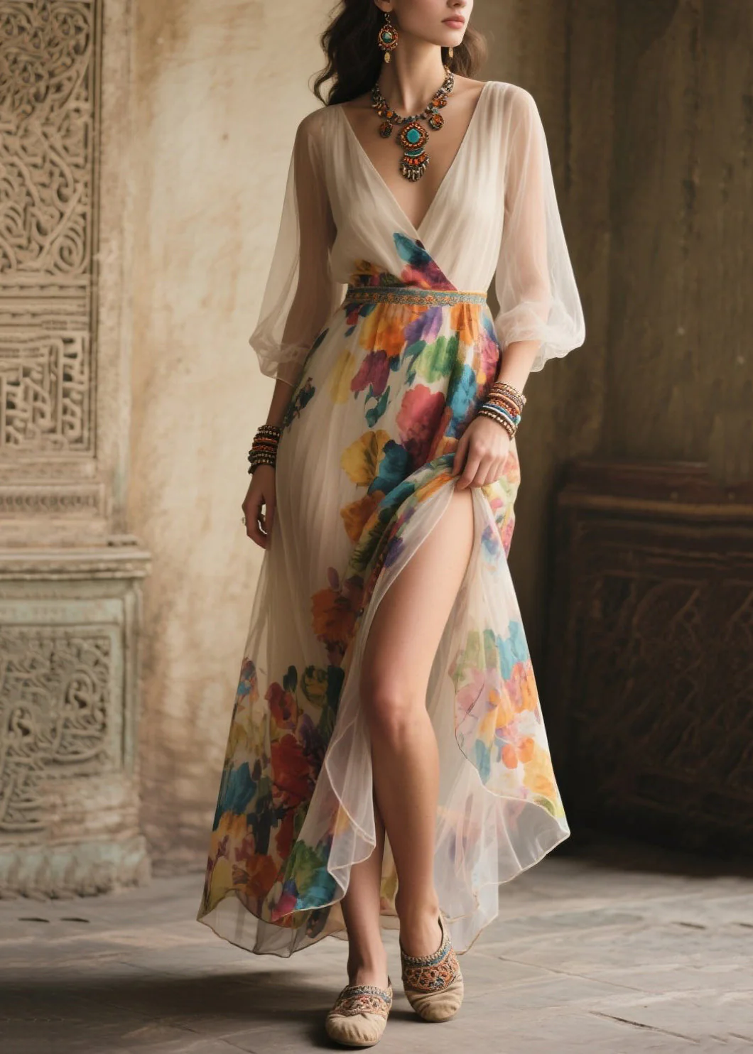 Style White Print Side Open Tulle Long Dresses Summer - Image 5