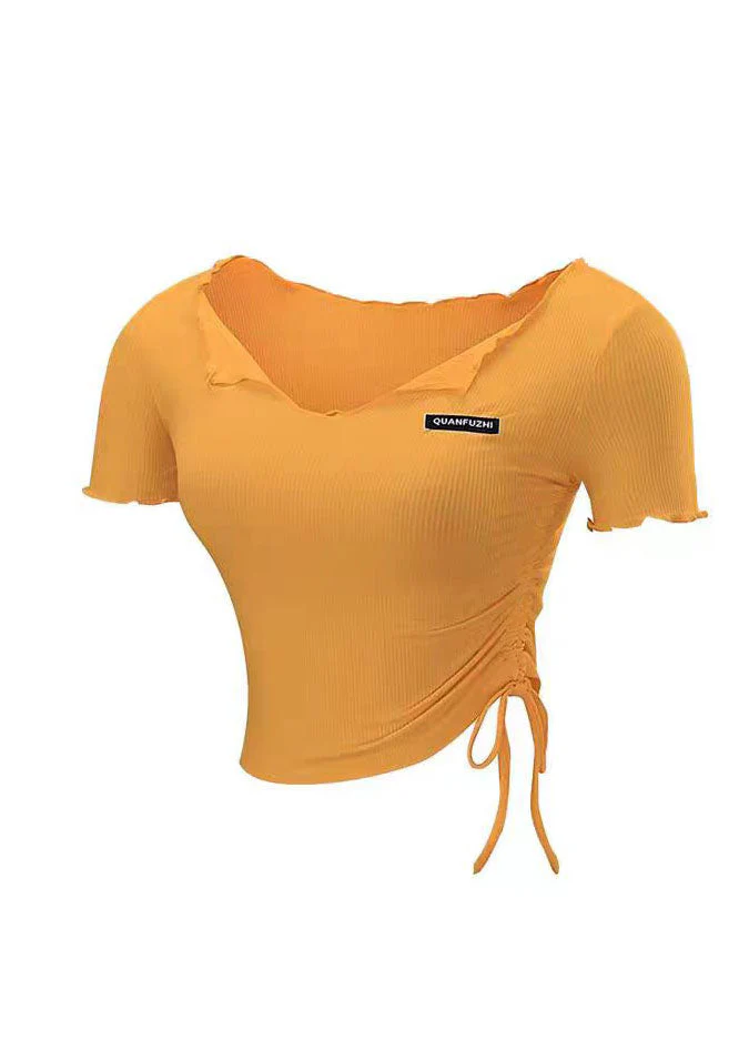 Style White Ruffled Drawstring Short Sleeve Crop Top Workout - Image 5