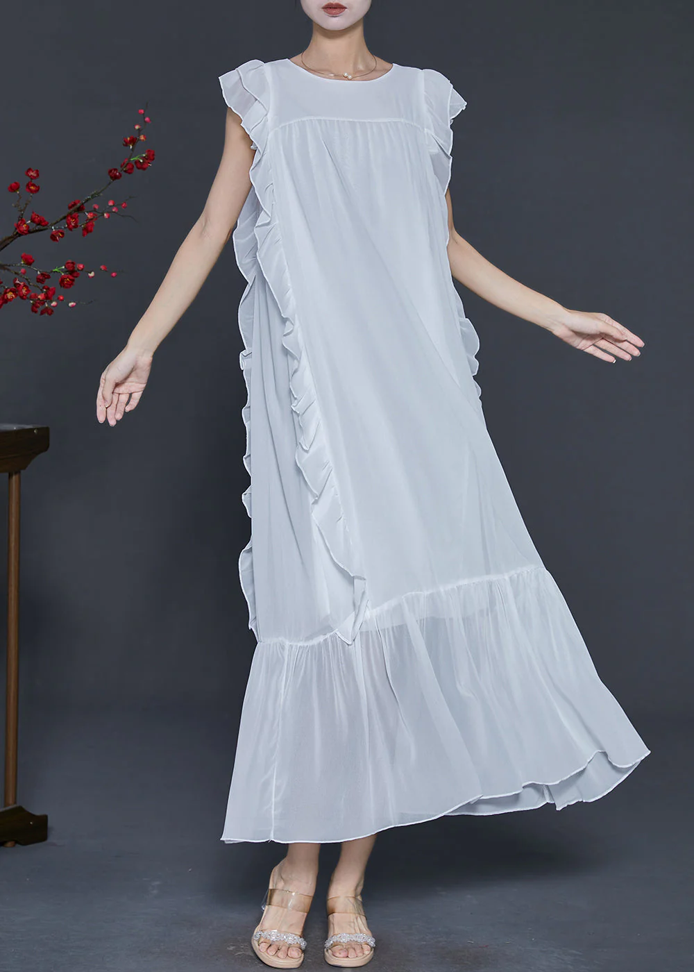 Style White Ruffled Tie Waist Chiffon Holiday Dress Sleeveless - Image 2