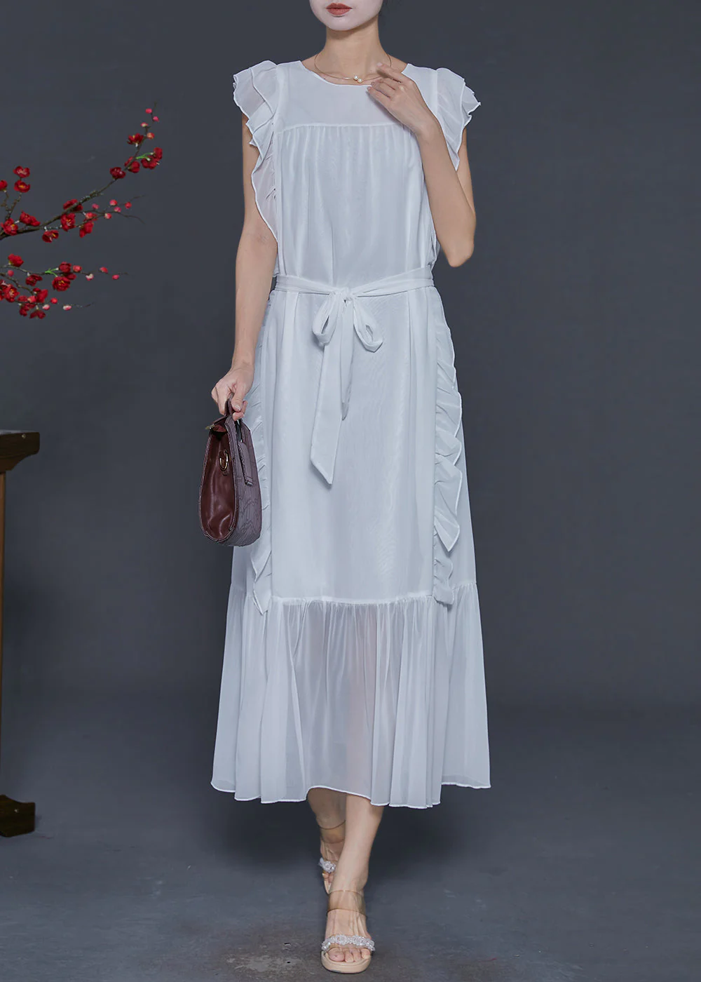 Style White Ruffled Tie Waist Chiffon Holiday Dress Sleeveless - Image 3