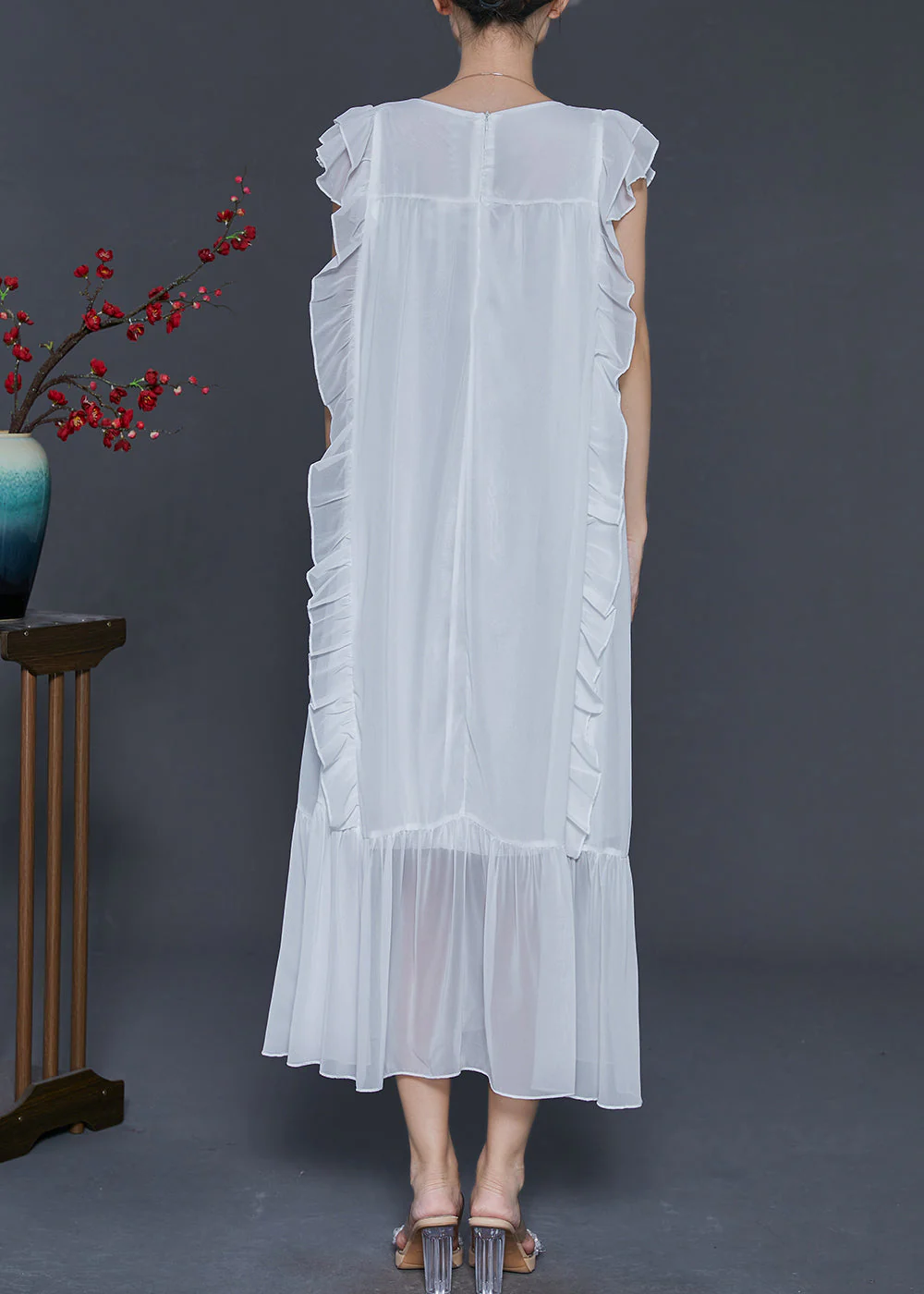 Style White Ruffled Tie Waist Chiffon Holiday Dress Sleeveless - Image 4