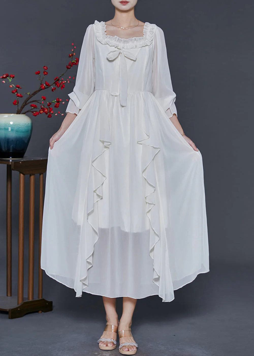 Style White Square Collar Ruffled Chiffon Long Dresses Spring - Image 2