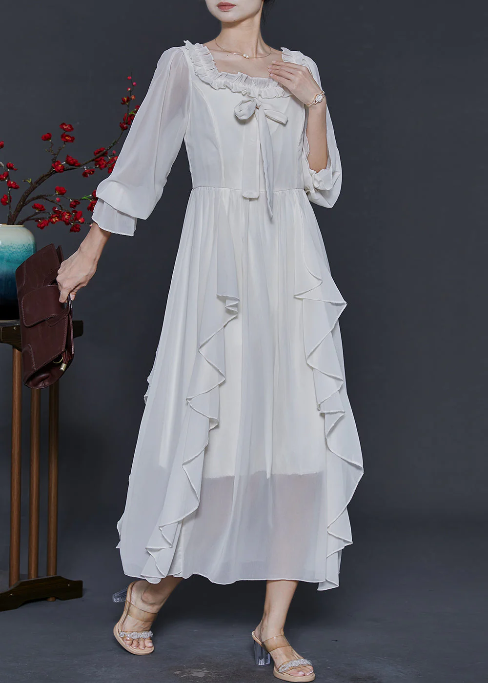 Style White Square Collar Ruffled Chiffon Long Dresses Spring - Image 3