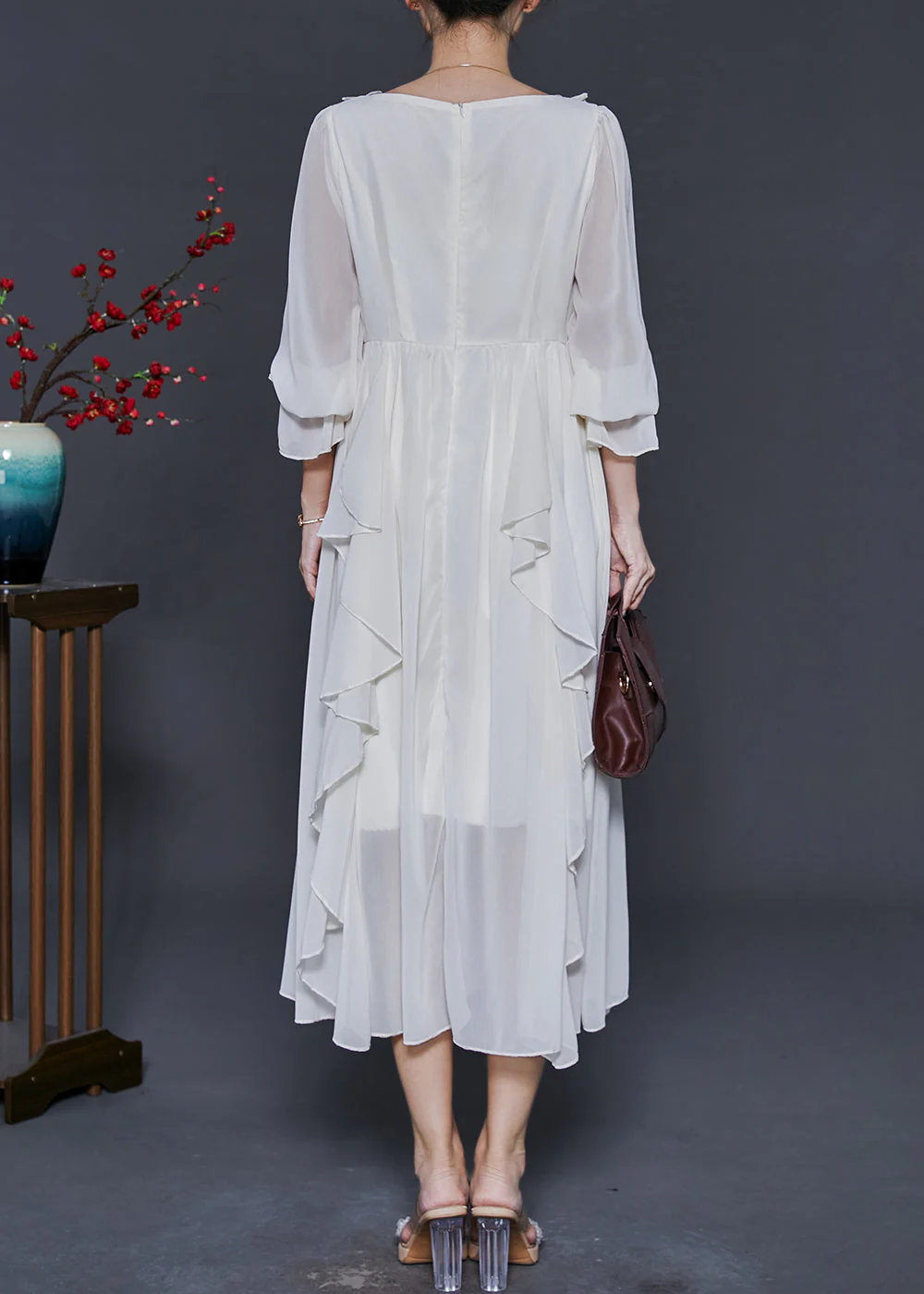 Style White Square Collar Ruffled Chiffon Long Dresses Spring - Image 4