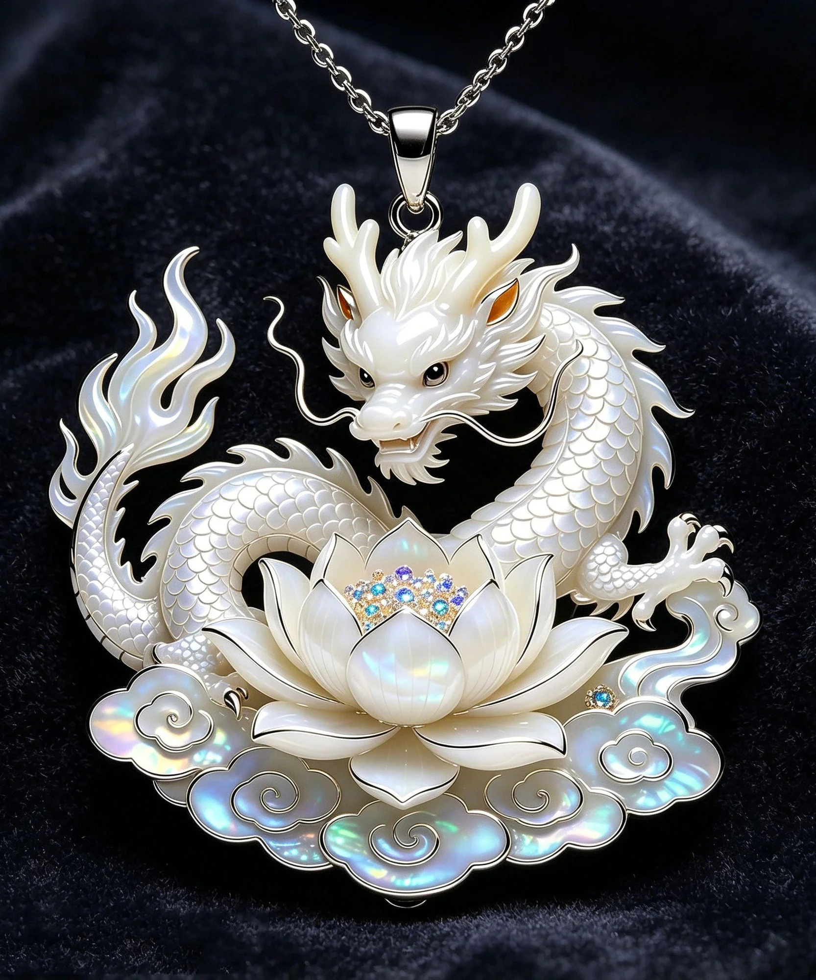 Style White Stainless Steel Auspicious Clouds Lotus Divine Dragon Pendant Necklace - Image 4