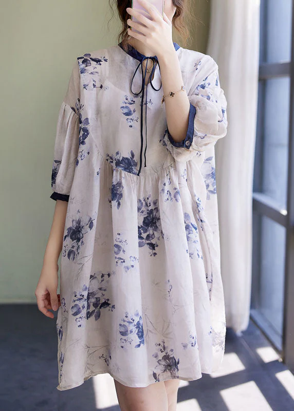 Style White Stand Collar Asymmetrical Wrinkled Print Cotton Linen Party Dress Half Sleeve - Image 2