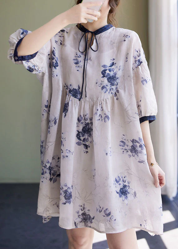 Style White Stand Collar Asymmetrical Wrinkled Print Cotton Linen Party Dress Half Sleeve - Image 3