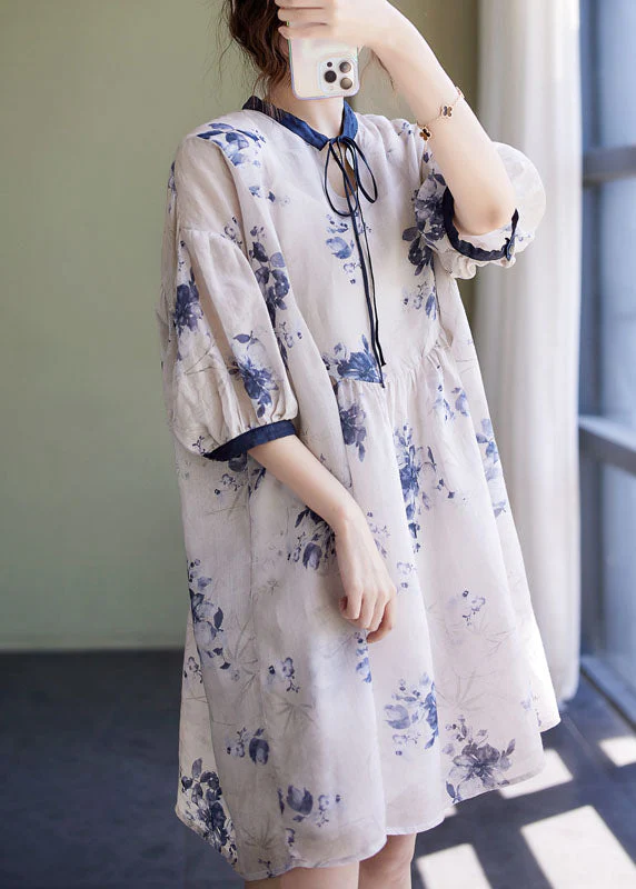 Style White Stand Collar Asymmetrical Wrinkled Print Cotton Linen Party Dress Half Sleeve - Image 4
