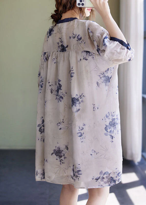 Style White Stand Collar Asymmetrical Wrinkled Print Cotton Linen Party Dress Half Sleeve - Image 5