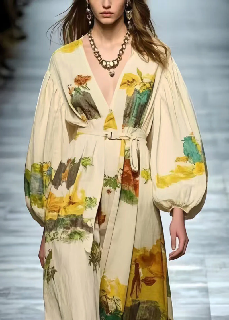 Style White Tie Waist Print Cotton Maxi Dresses Spring - Image 2