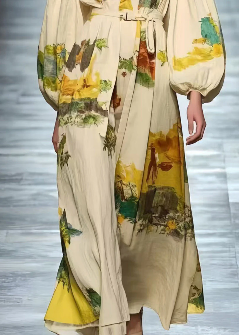 Style White Tie Waist Print Cotton Maxi Dresses Spring - Image 4