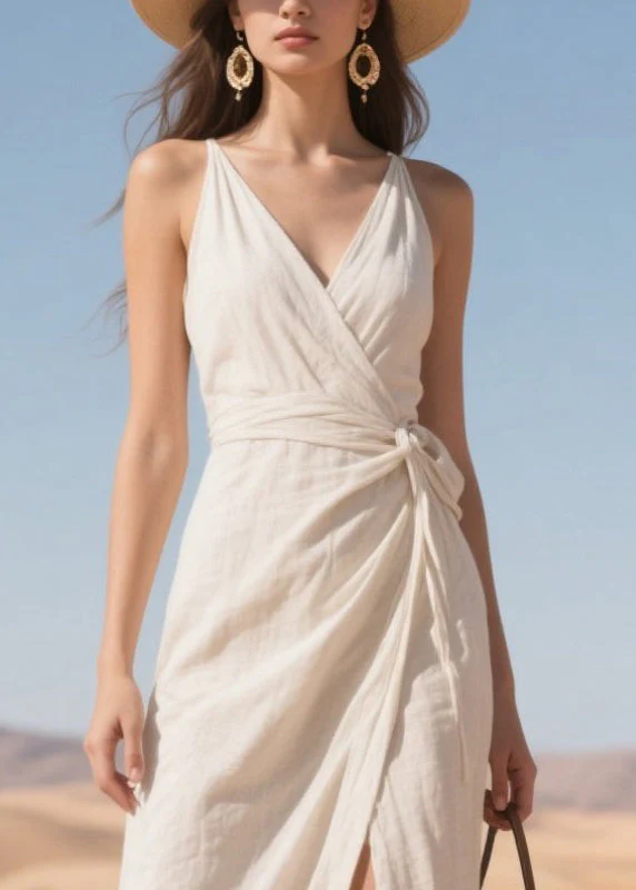 Style White Tie Waist Side Open Cotton Cami Dress Summer - Image 2