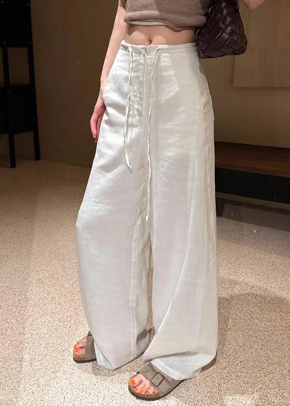Style White Tie Waist Solid Wide Leg Pants Summer - Image 3