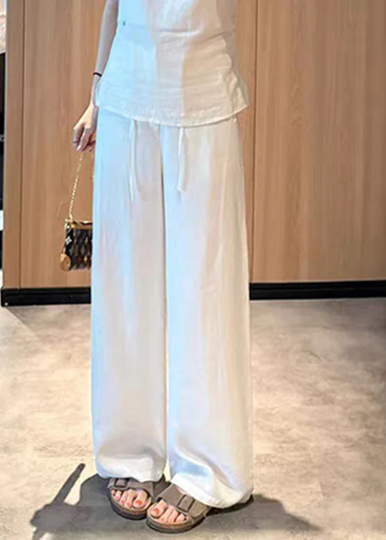 Style White Tie Waist Solid Wide Leg Pants Summer - Image 5