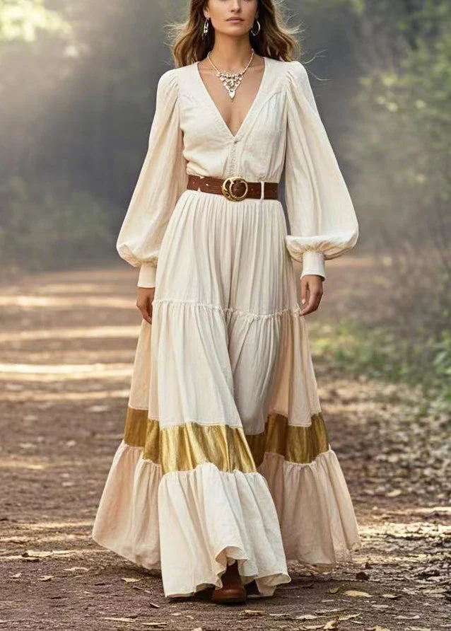Style White V Neck Patchwork Exra Large Hem Tunic Dress Lantern Sleeve - Image 3