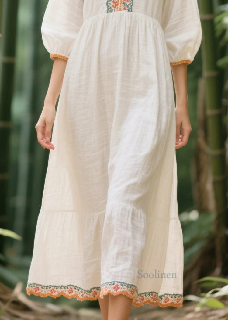 Style White V Neck Patchwork Linen Vacation Dresses Summer - Image 4