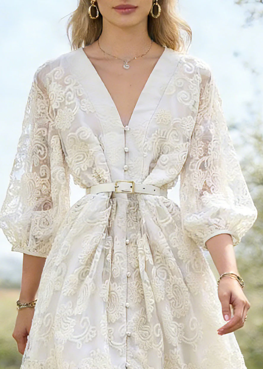 Style White V Neck Patchwork Tulle Mid Dress Spring - Image 2