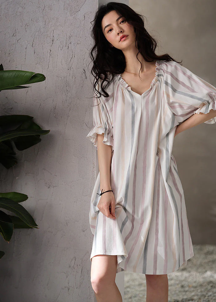 Style White V Neck Striped Cotton Long Dresses Summer