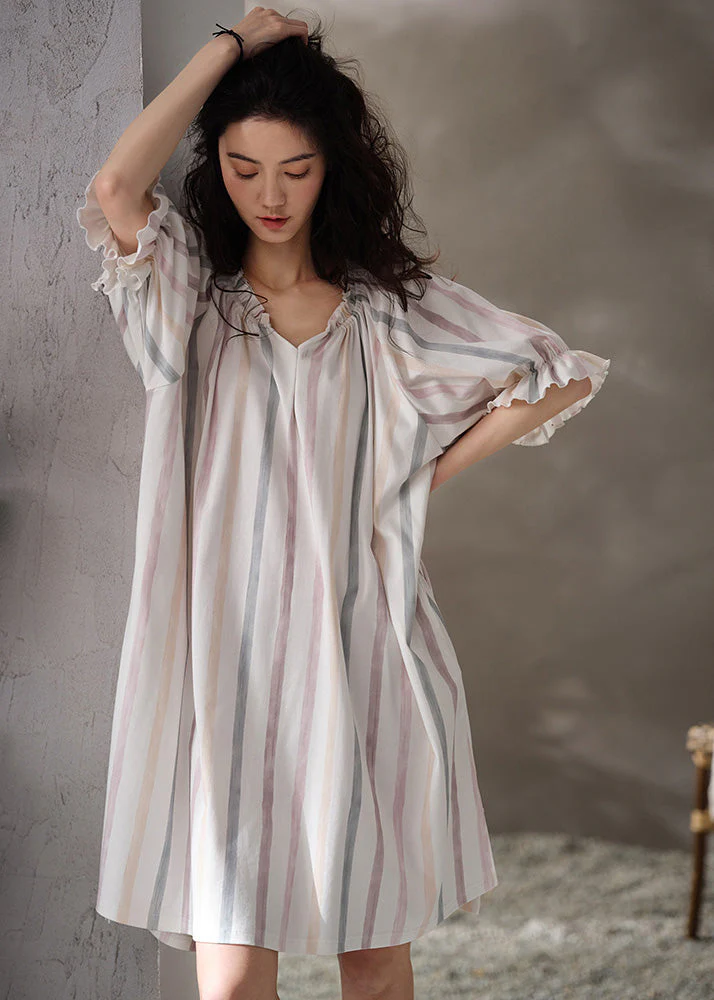 Style White V Neck Striped Cotton Long Dresses Summer - Image 2