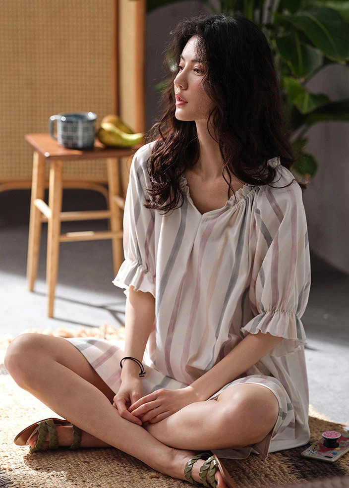 Style White V Neck Striped Cotton Long Dresses Summer - Image 3