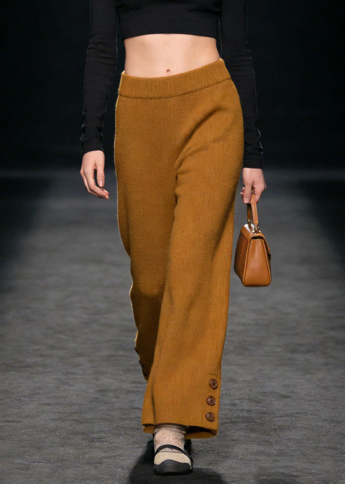 Style Yellow Button High Waist Knit Pants Spring - Image 3