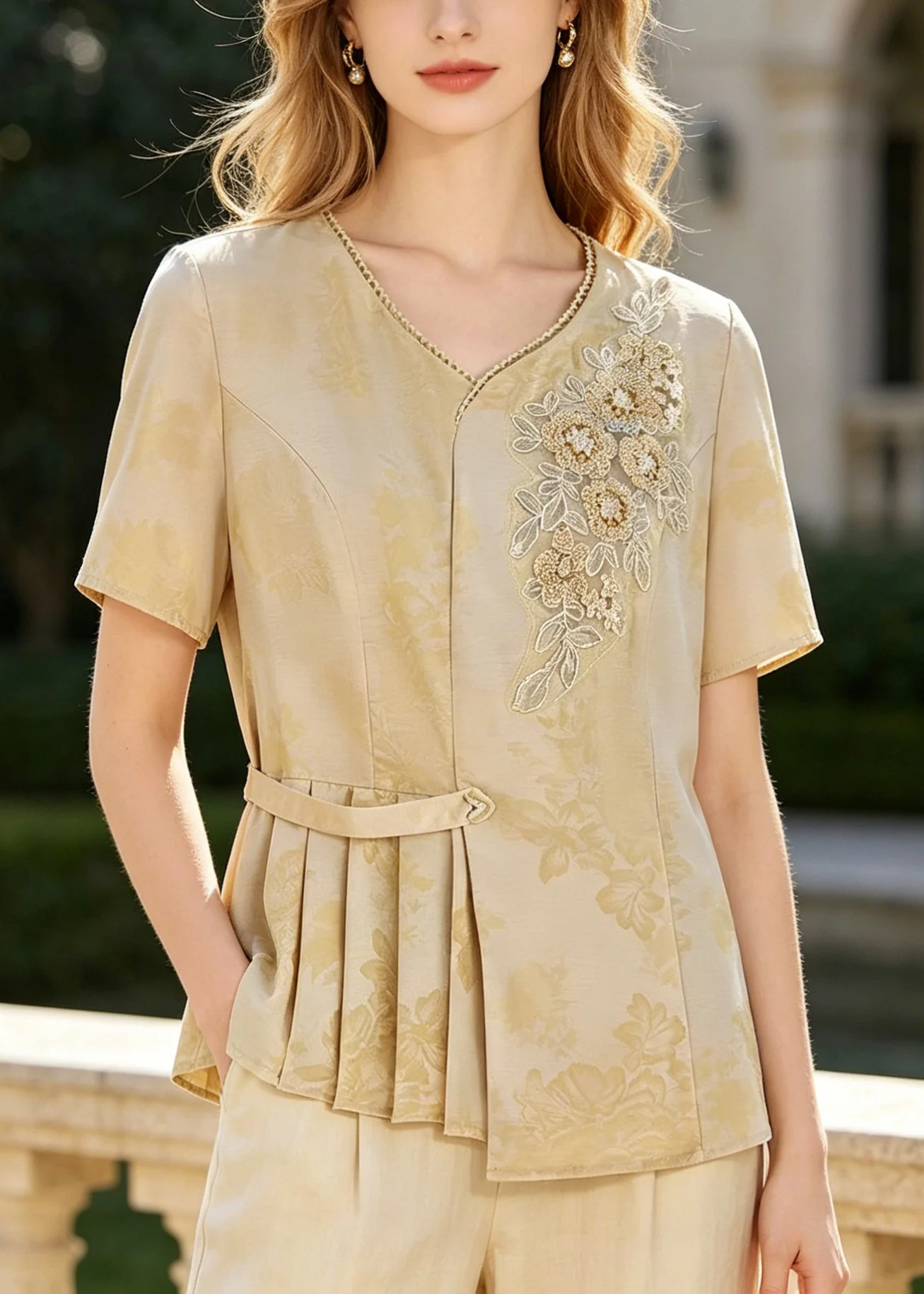 Style Yellow Embroidered Wrinkled Silk Top Summer - Image 3