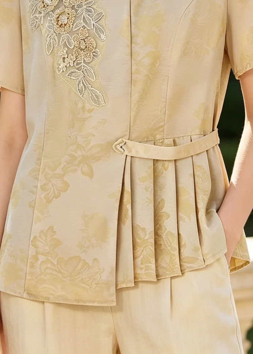 Style Yellow Embroidered Wrinkled Silk Top Summer - Image 4