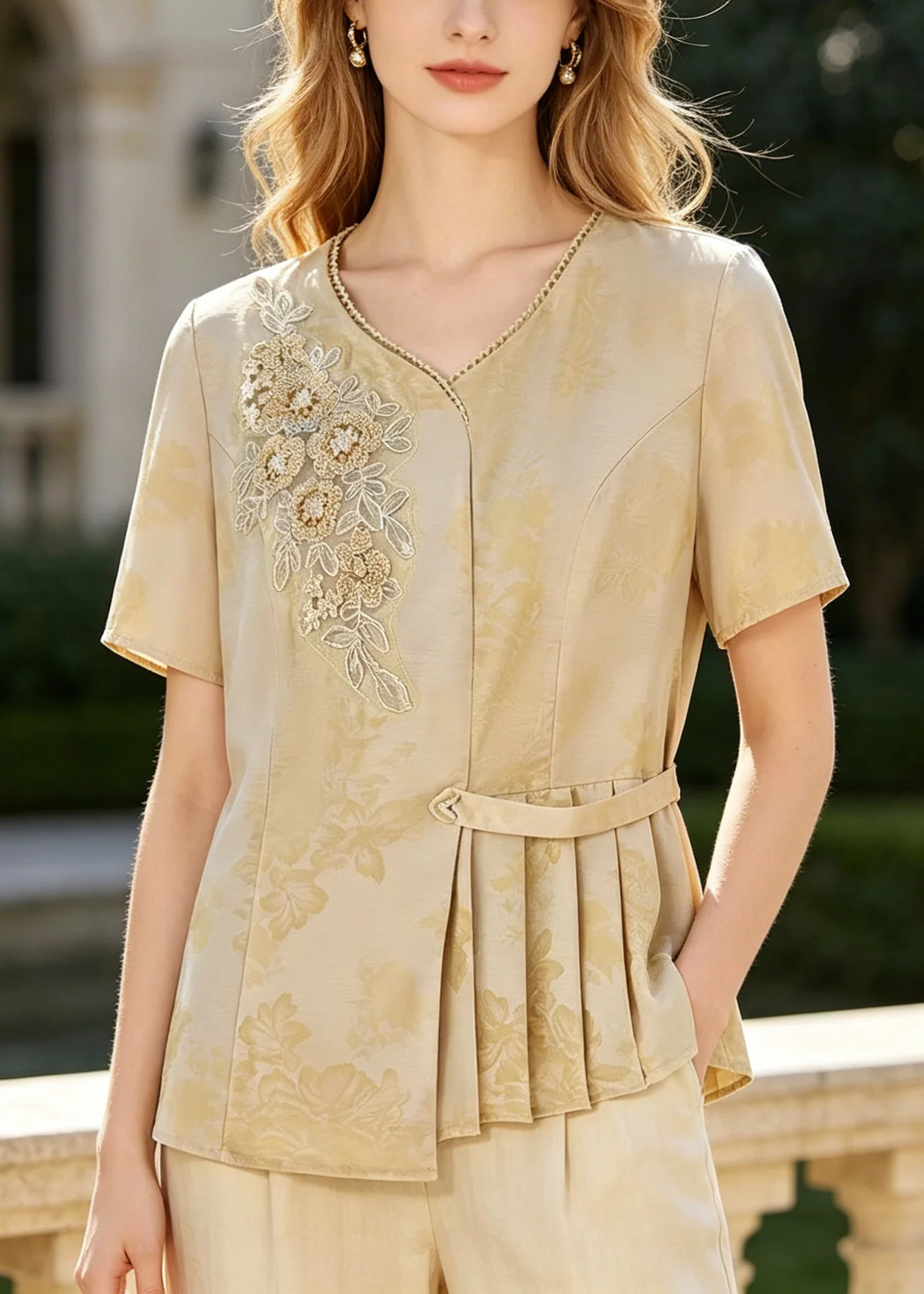 Style Yellow Embroidered Wrinkled Silk Top Summer - Image 5