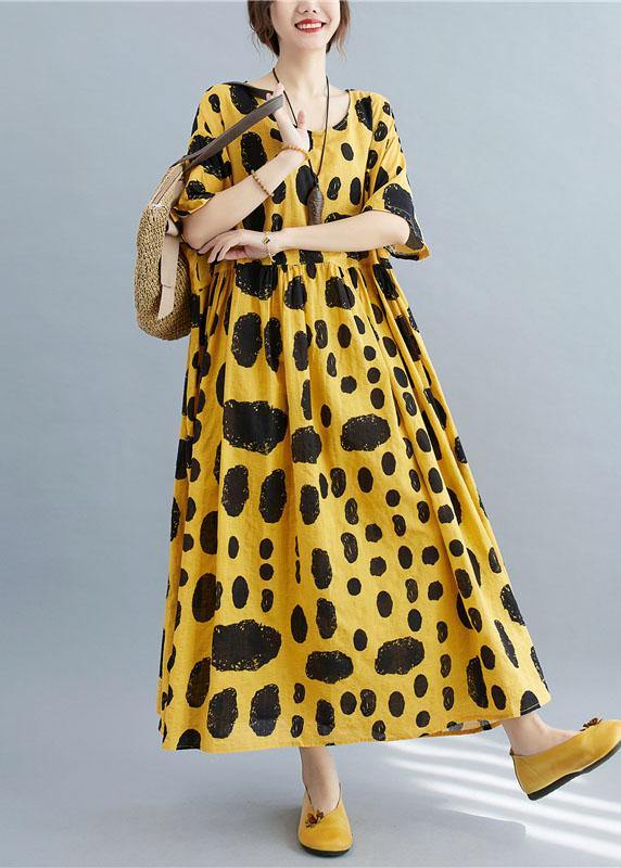 Style Yellow Loose O-Neck Print Summer Cotton Dress Half Sleeve - Image 2